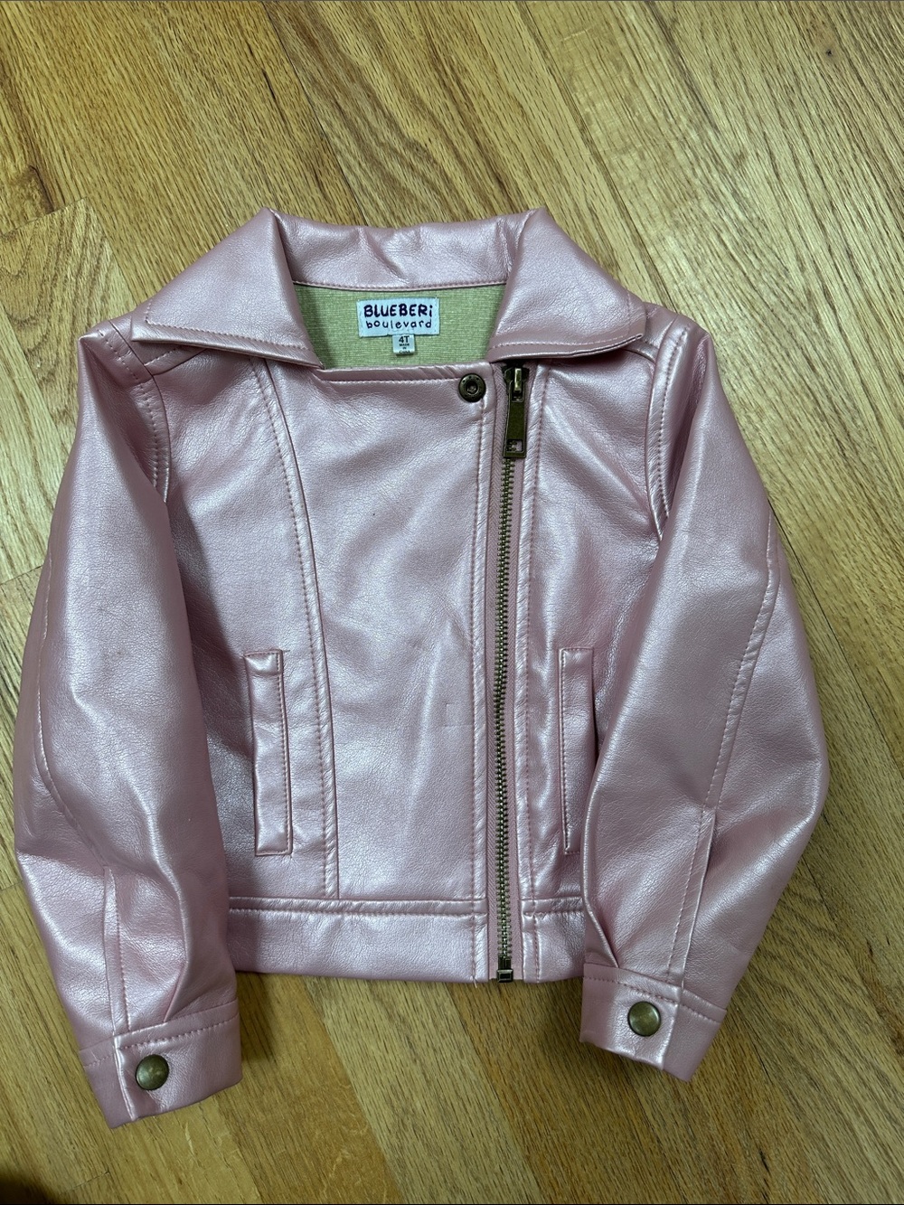 Blueberi Boulevard Shimmering Light Pink Faux Leather Moto Jacket
